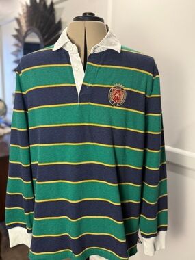 Brooks Brothers Green and Navy Striped Long Sleeve Polo Rugby